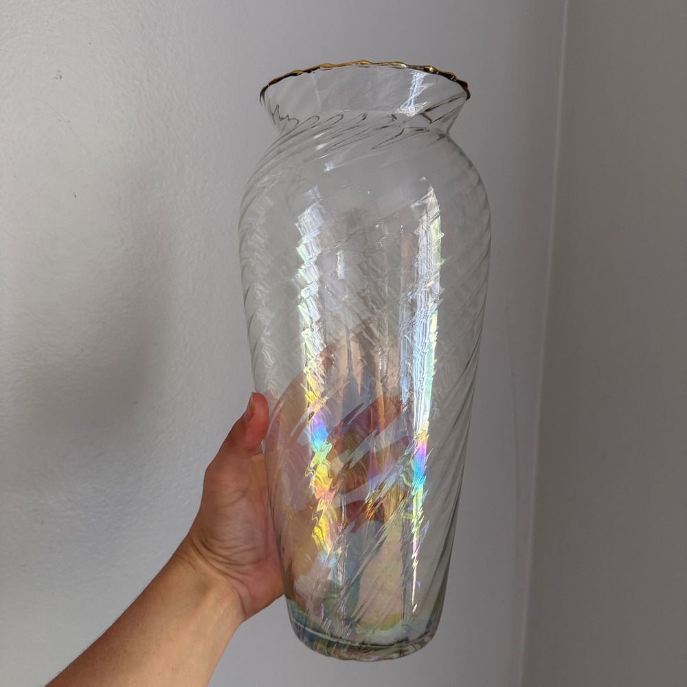 Iridescent Optic Swirl Glass Vase Gold Gilt Scalloped Rim 12 Inch Tall Clear